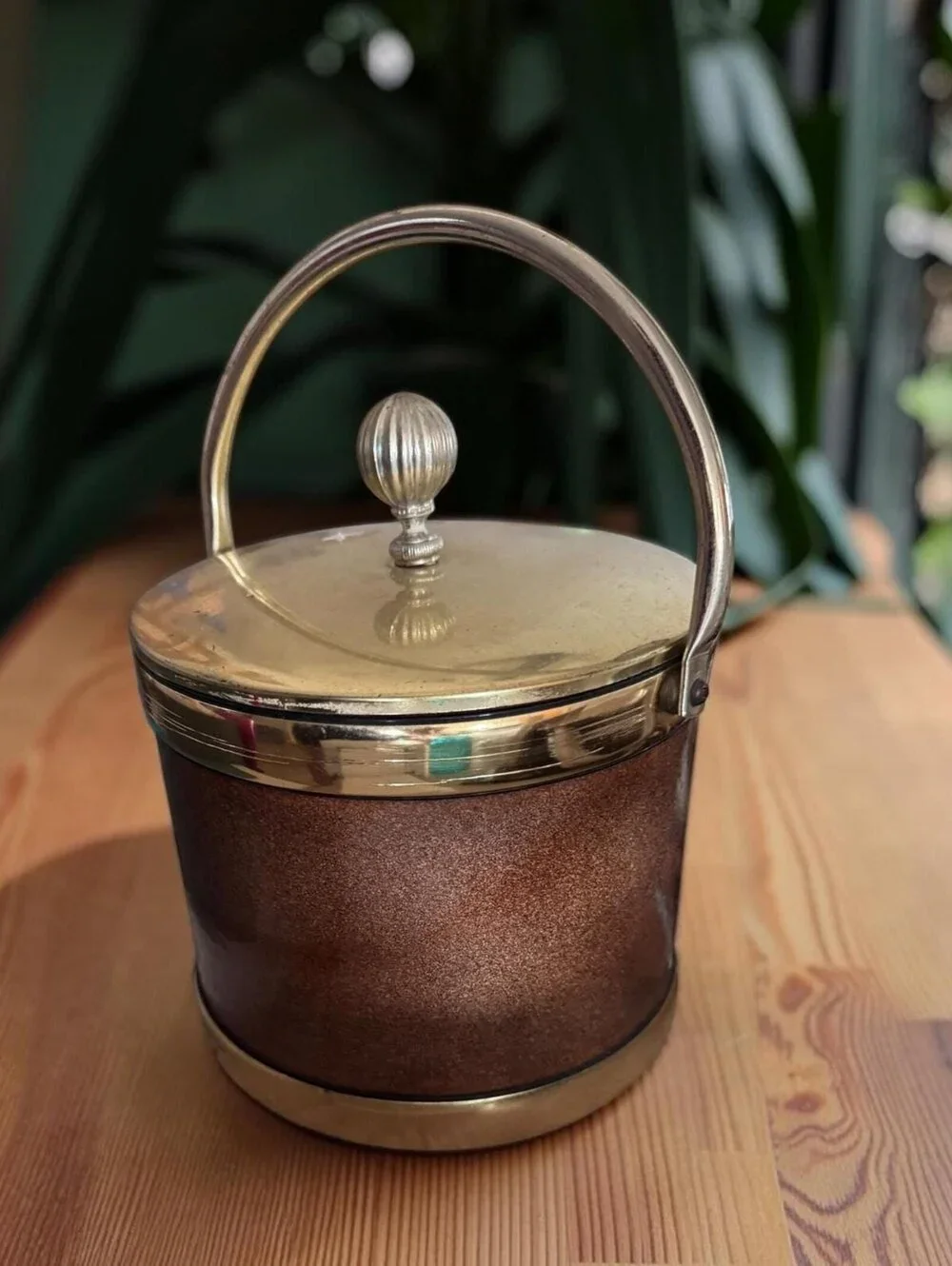 Vintage 1960s 70s Brown Faux Leather Ice Bucket Brass Tone Barware MCM